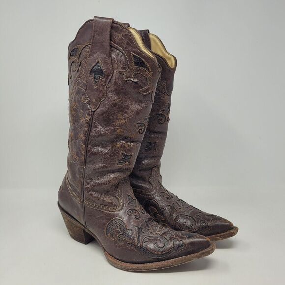 Corral Boots Womens 7M Brown Leather Lizard Inlay Western Cowboy C2109